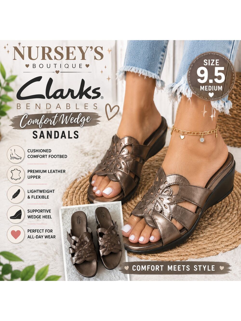 Clarks Bendables Bronze Leather Floral Cutout Wedge Slide Sandals 9.5M